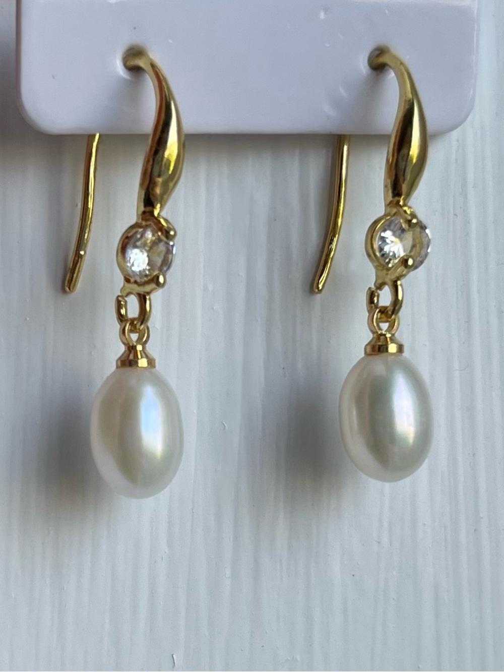 Gold Pearl Drop Earrings with Crystal Accent
